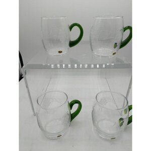 Four (4) Handcrafted Vintage Böckling Glas Mugs With Green Handle & Etched Grape